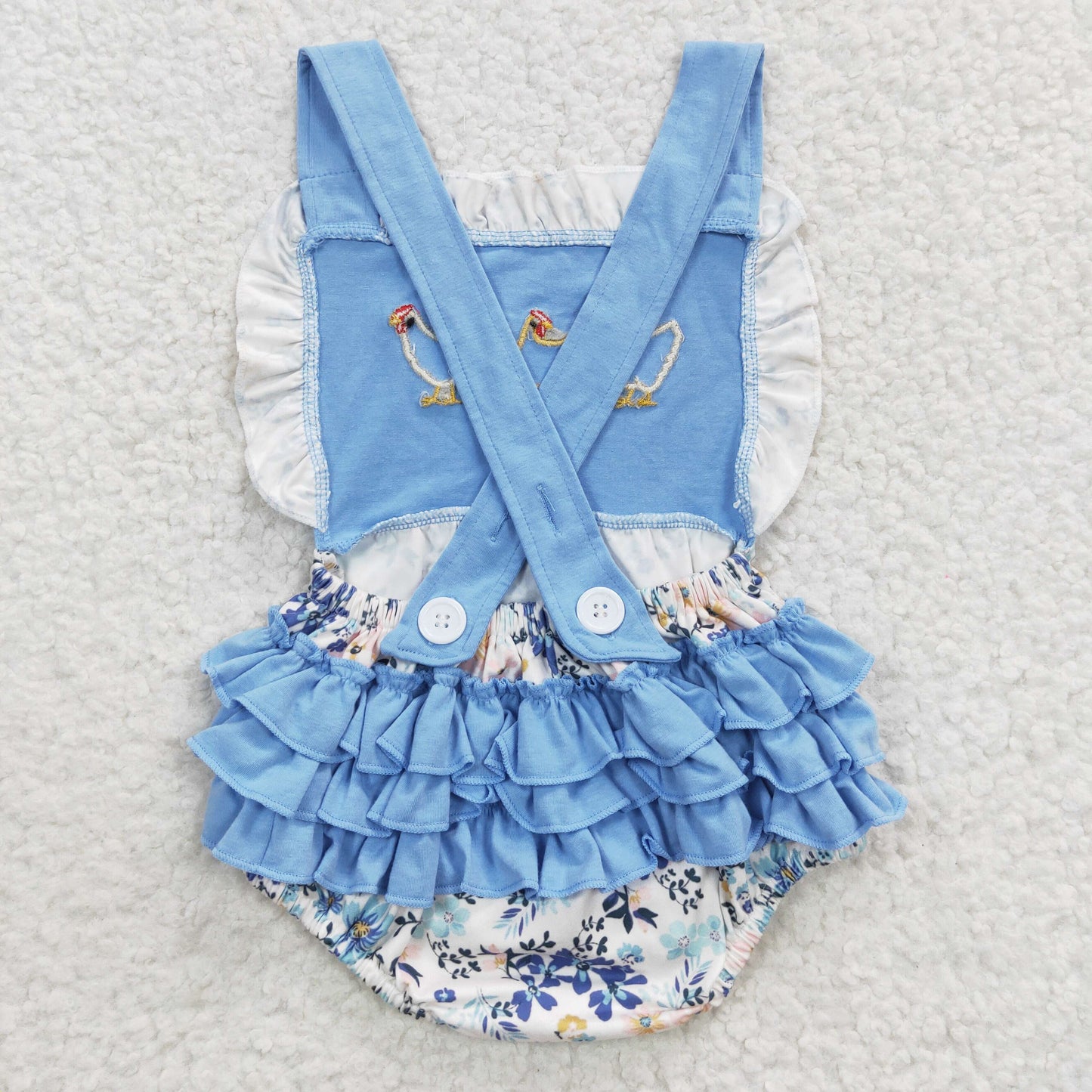 Embroidered Blue Flower Chicken Girls Baby Romper