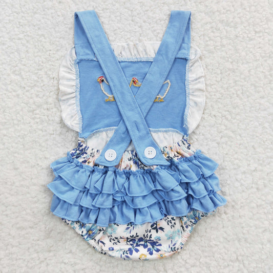 Embroidered Blue Flower Chicken Girls Baby Romper