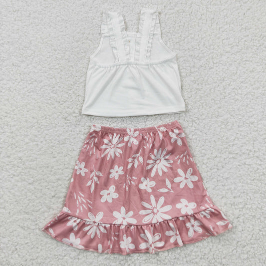 Pink Flowers Skirt Girls Summer Set