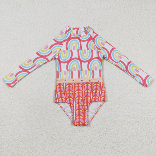Long Sleeve Rainbow one pc Girls Summer Swimsuit