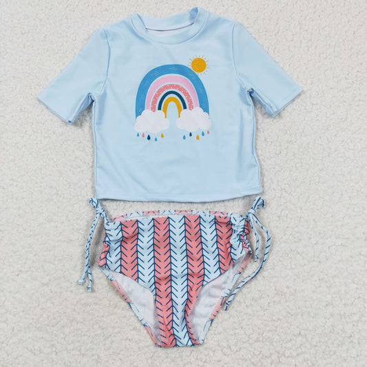 Long Sleeve Blue Rainbow 2 pc Girls Summer Swimsuit