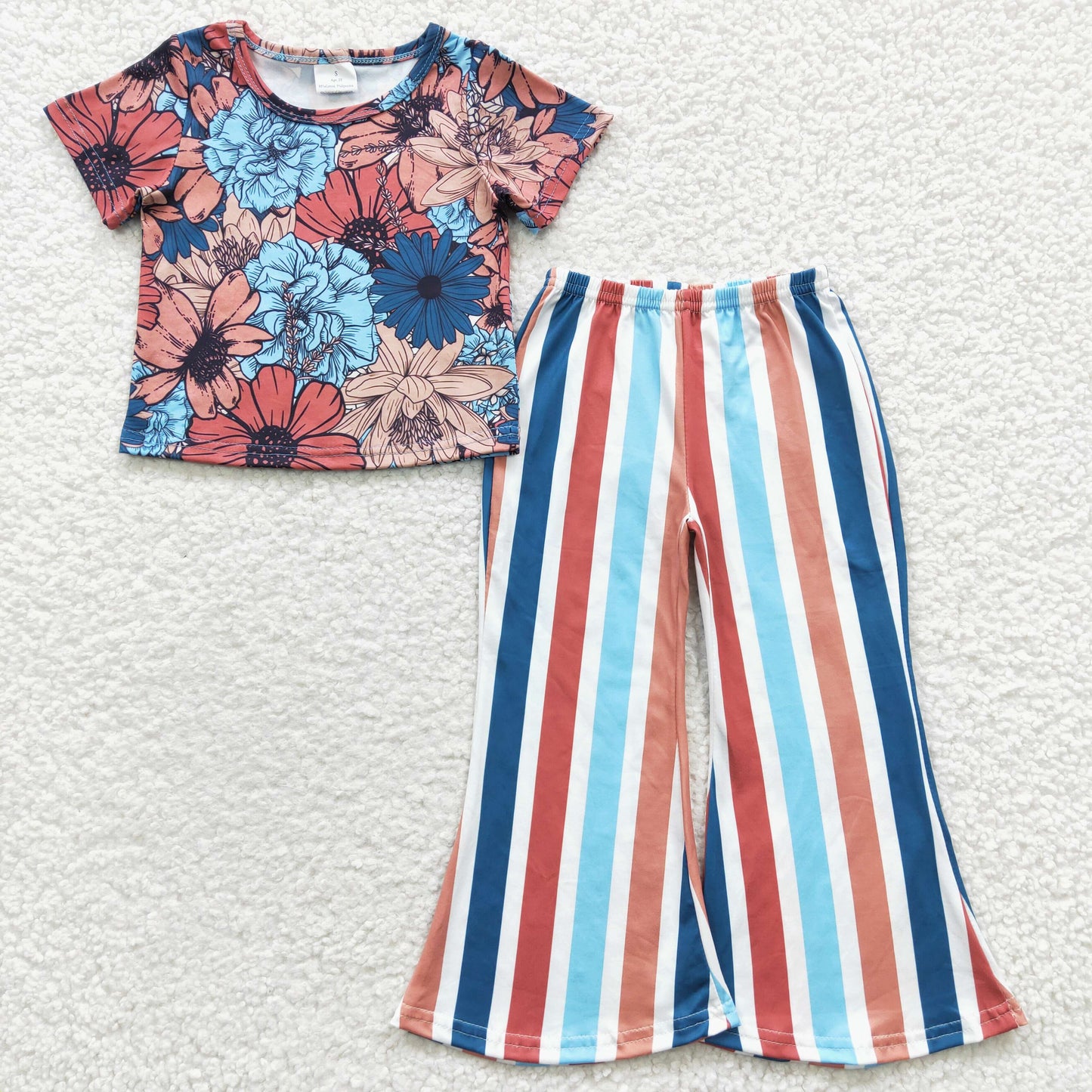 Blue Flowers Stripe Girls Outfits