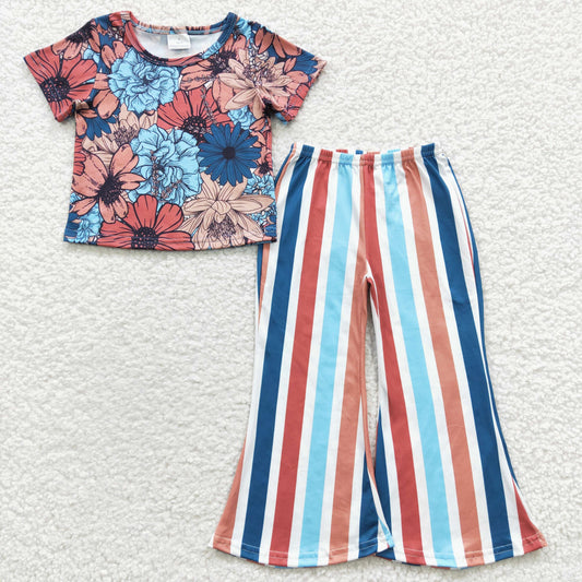 Blue Flowers Stripe Girls Outfits