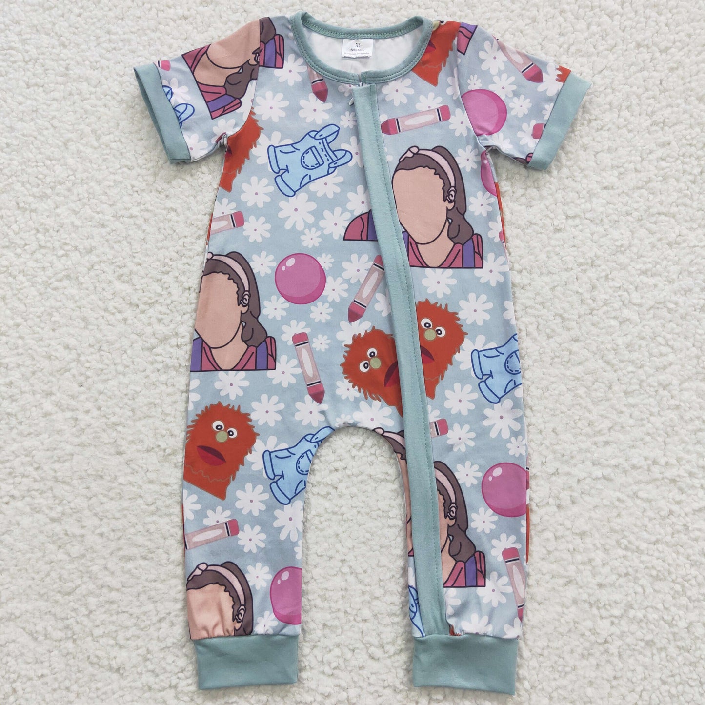 Blue Cartoon Baby Romper With zipper