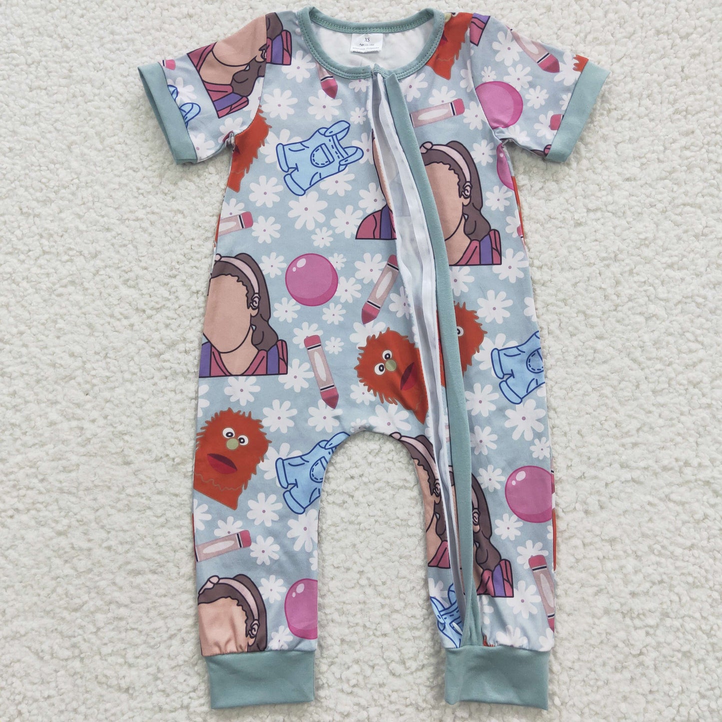 Blue Cartoon Baby Romper With zipper