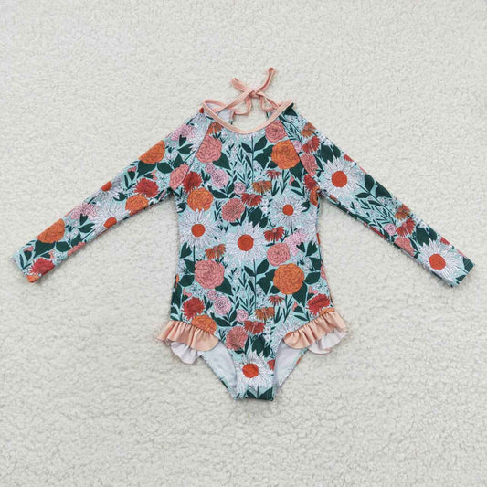 Long Sleeve Flowers one pc Girls Summer Swimsuit