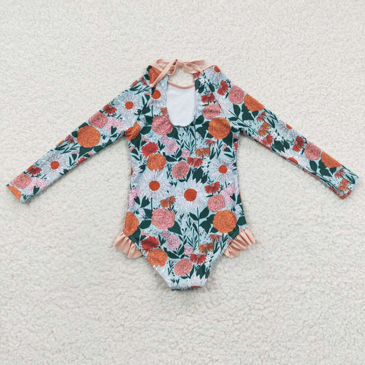 Long Sleeve Flowers one pc Girls Summer Swimsuit