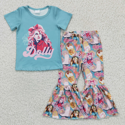 Blue Cartoon Bell Pants Girls Set
