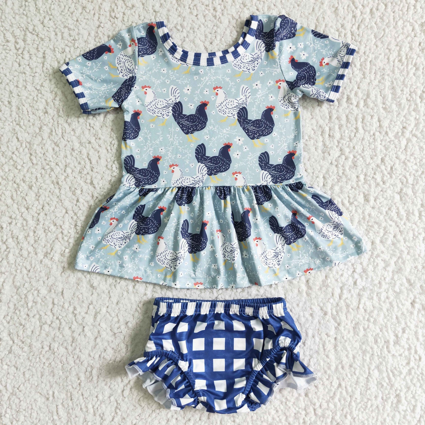 Blue Chicken Pattern bummie outfit
