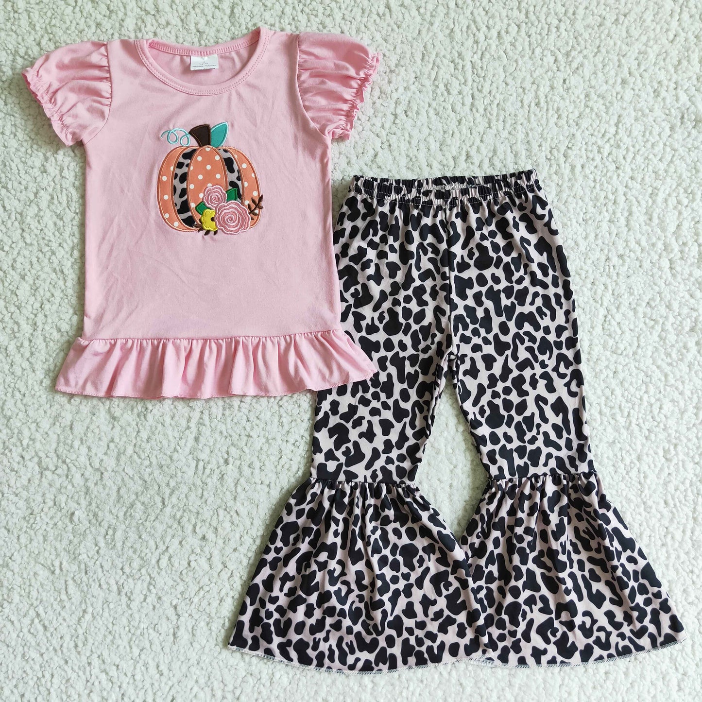 Pink Embroidery Pumpkin Leopard Girls Outfits