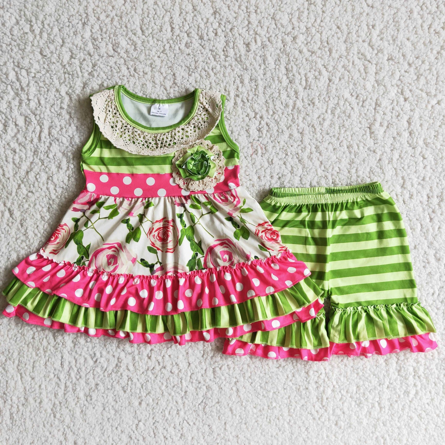 green flowers ruffle short summer set