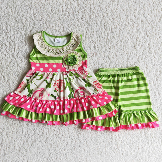 green flowers ruffle short summer set