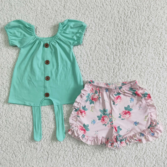 Green flowers ruffle short summer set