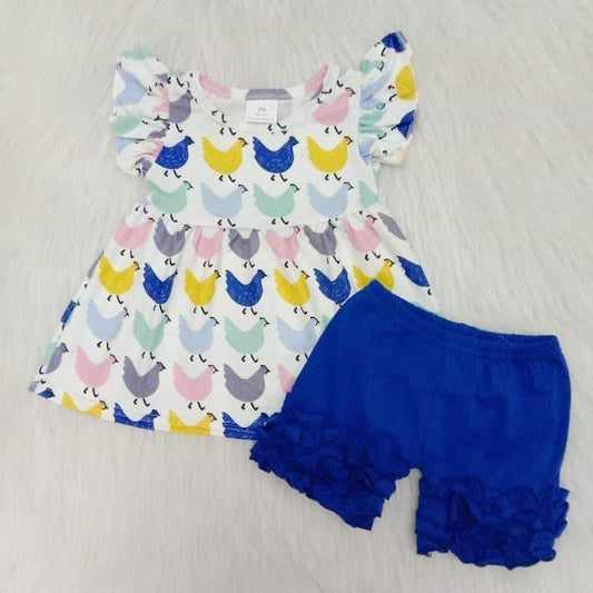 summer chicken Blue Ruffles Short Boutique set