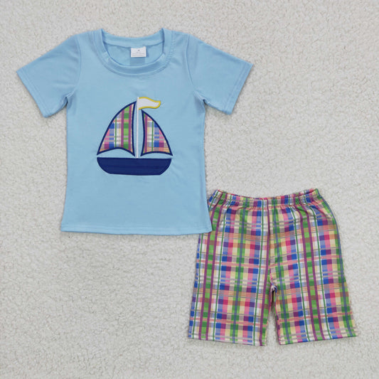 Blue Embroidered Sailboat Boy Set