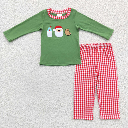 Christmas Green Embroidery Cookies Santa Boy Outfits