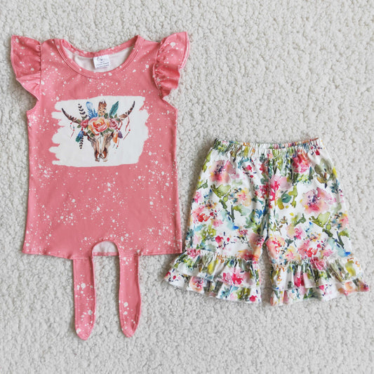Pink Flowers Cow Girls Summer Set