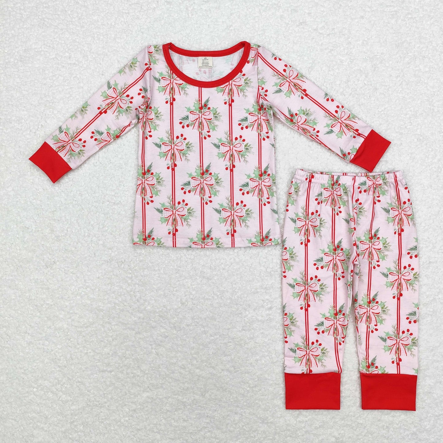 Pink Bow Print Long Sleeve Pajamas ( material contains bamboo ）