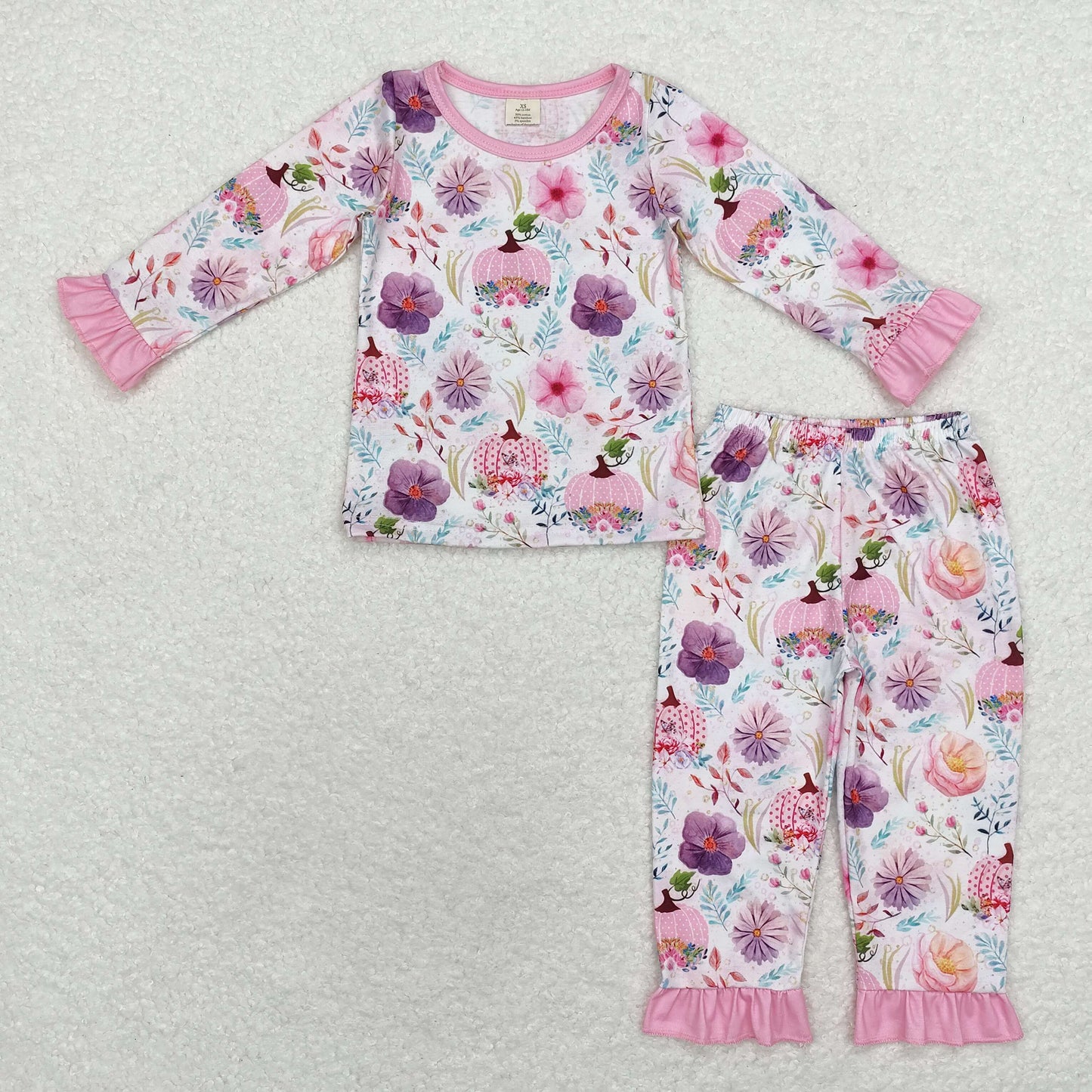 Pink flowers  pumpkin Print Long Sleeve Pajamas ( material contains bamboo ）