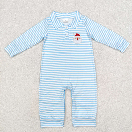 Christmas Blue stripe Embroidery Santa Baby Boy Romper