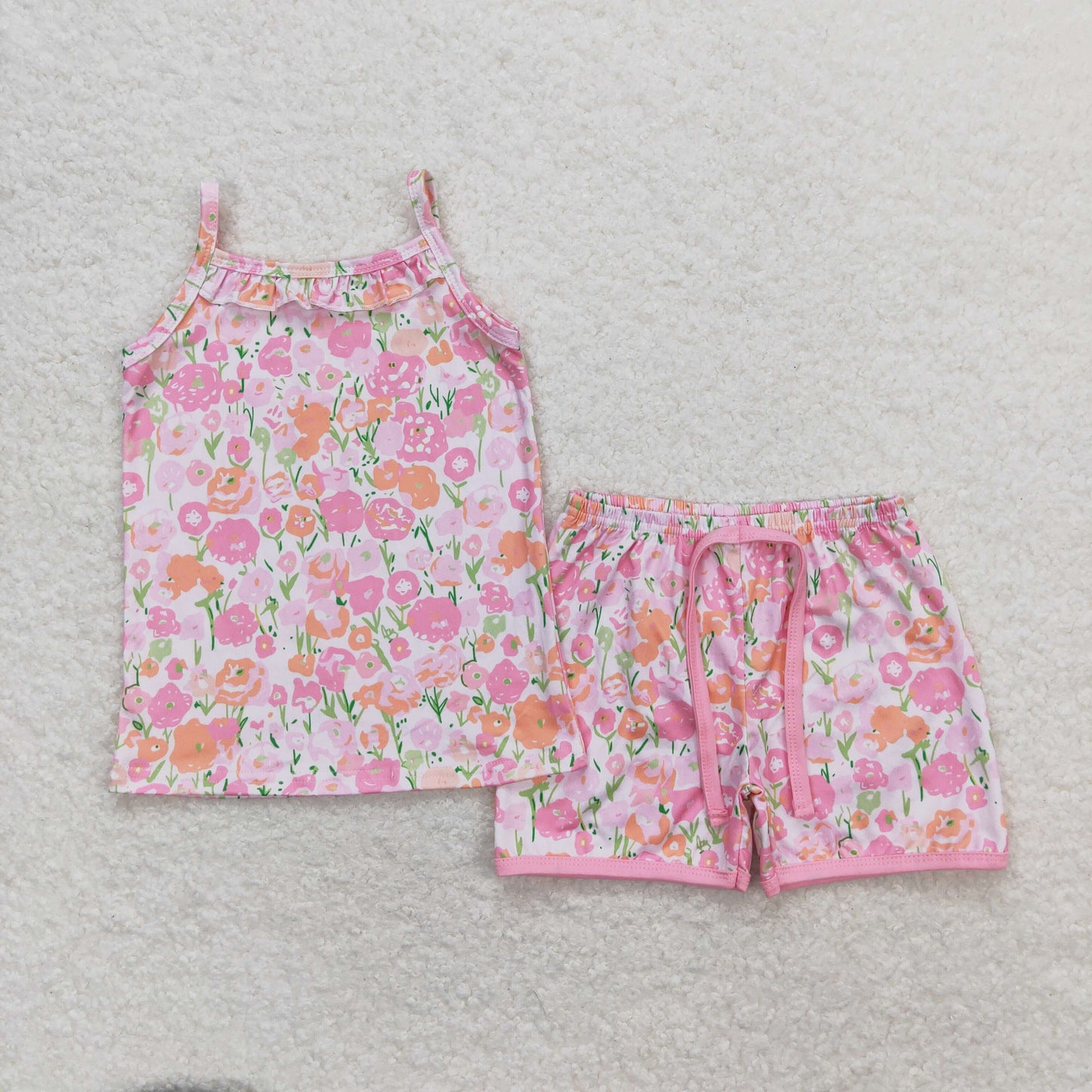 pink flower short sleeves Girls set