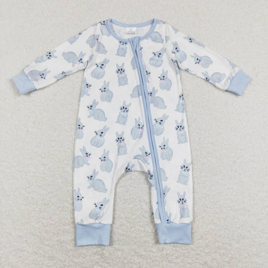 Easter Blue Bunny Print With Zipper Baby Romper