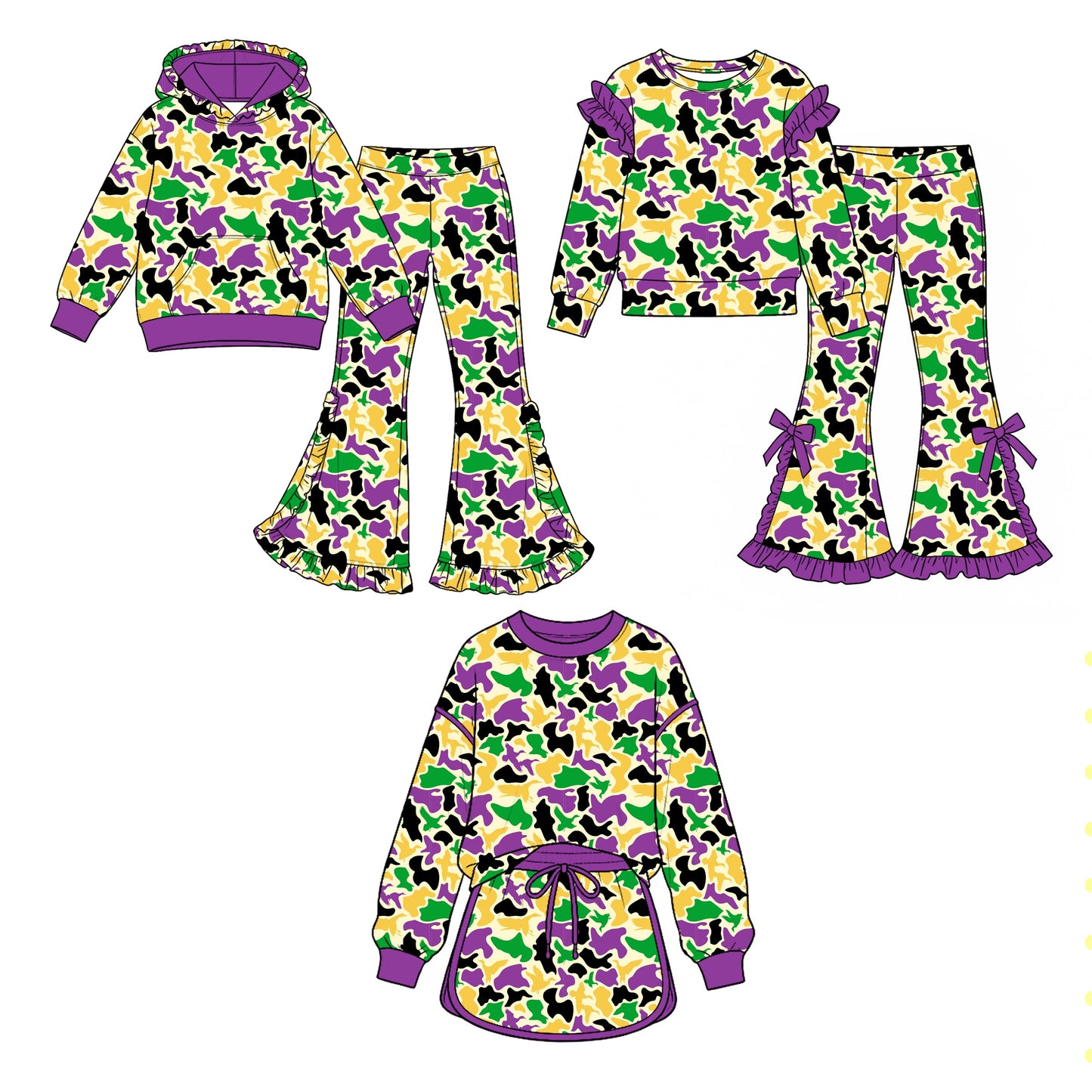 Preorder MOQ 5 pcs Each Style Mardi Gras Camo Ruffles Kids Matching Clothes