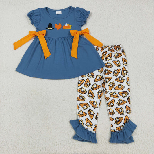 blue hat turkey embroidery Girls Thanksgiving Day Set  GSPO2028