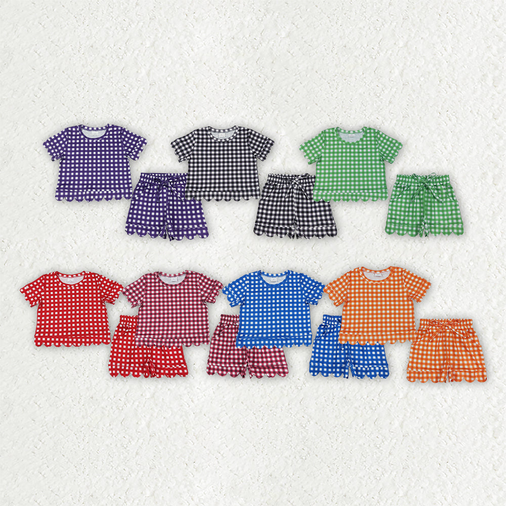 Solid Color Plaid Scallop Edge Girls Shorts Set Kids Matching Clothes
