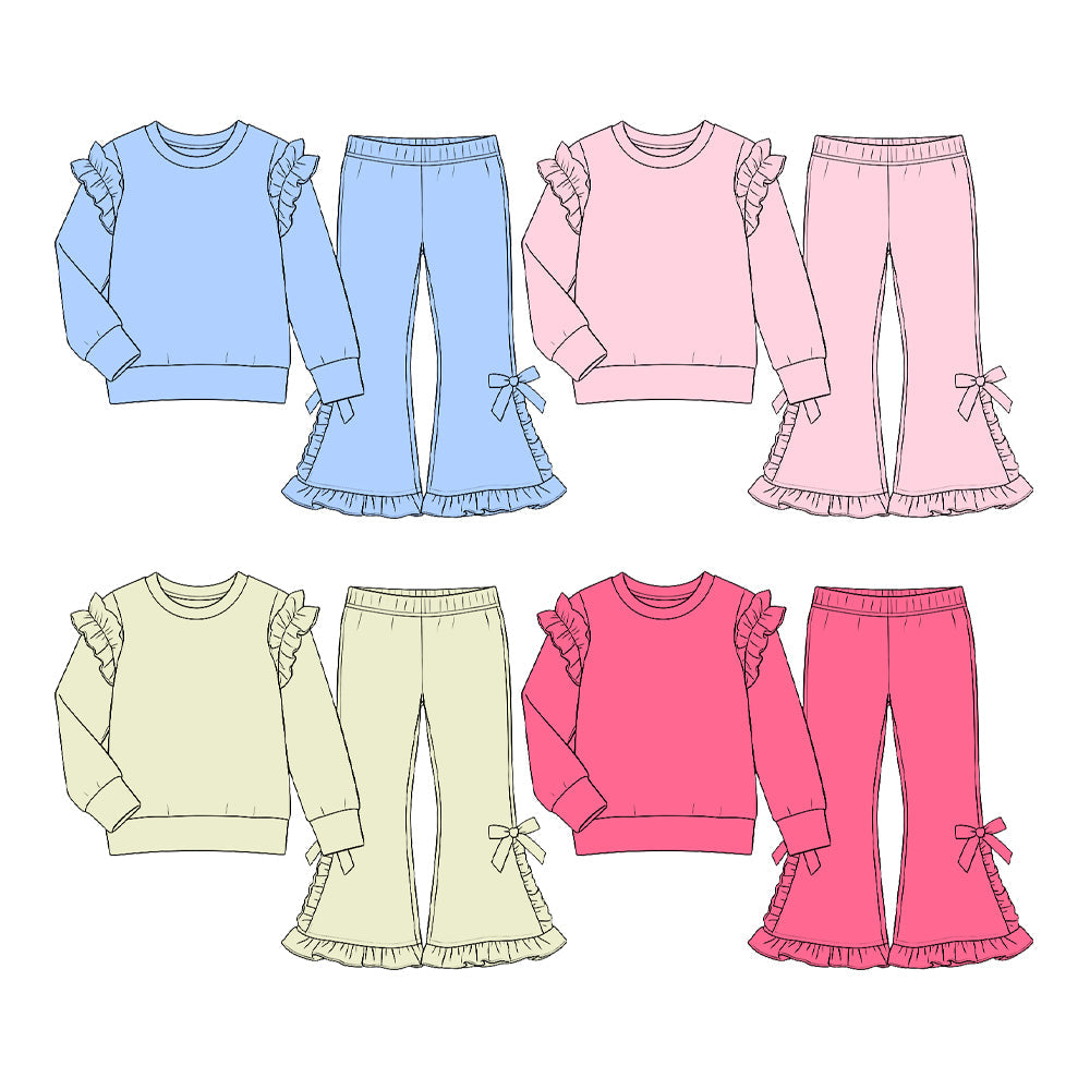 Preorder MOQ 5 pcs Each Style Solid Color Cotton Bows Ruffles Kids Matching Clothes