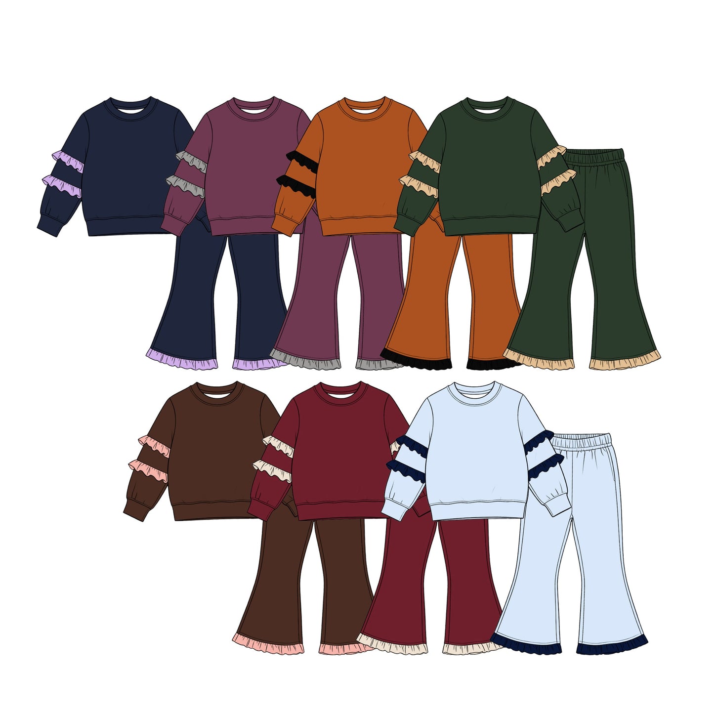 Preorder MOQ 5 pcs Each Style Solid Color Cotton Ruffles Kids Matching Clothes