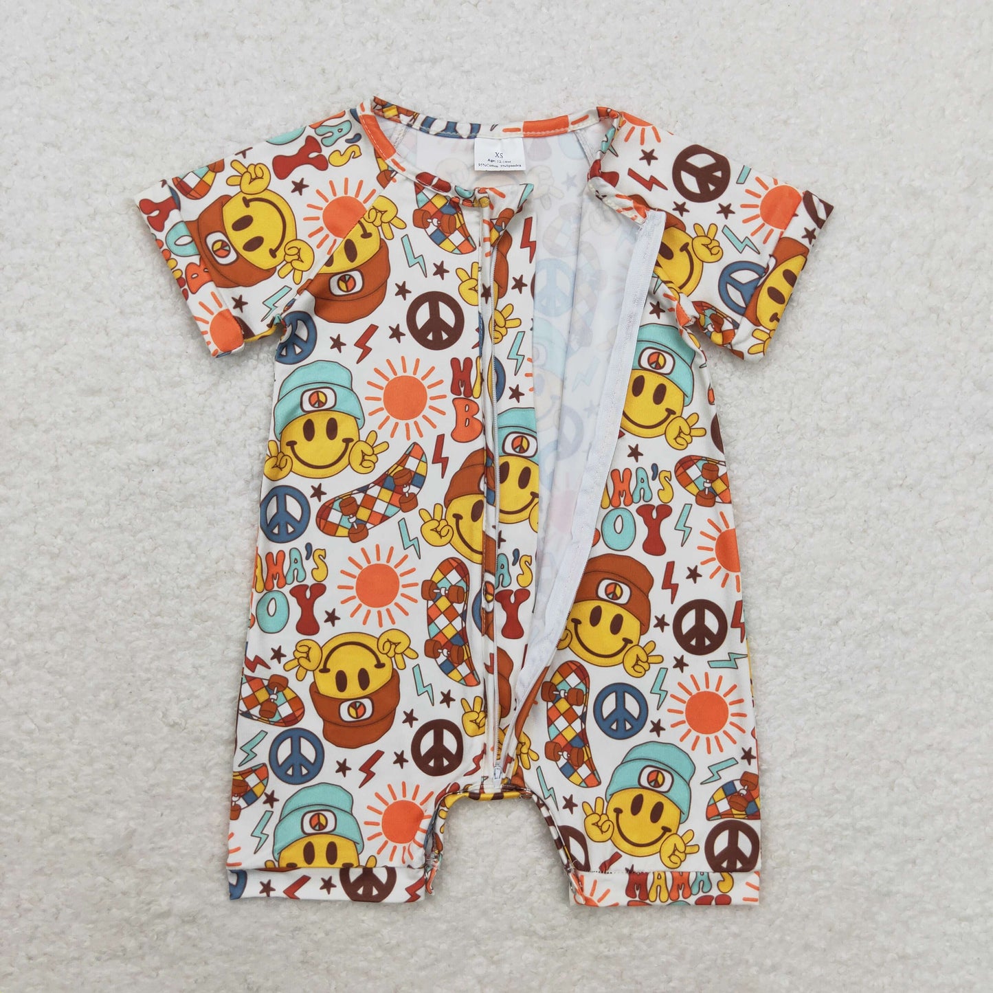 smile Print Short Sleeve With Zipper Baby Romper