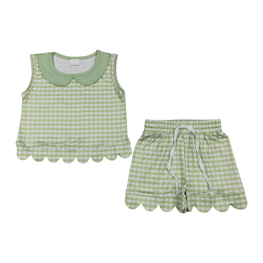 Green plaid sleeveless scalloped edges Short Girls Set