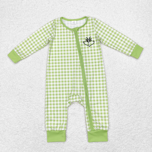 Christmas Green plaid Cartoon Print Baby Romper With zipper