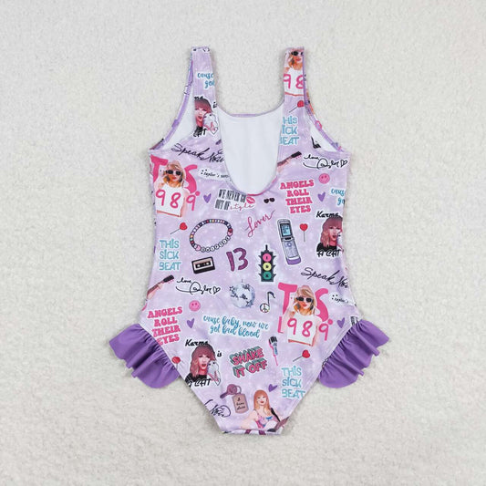 Purple cartoon one piece print Swimsuit