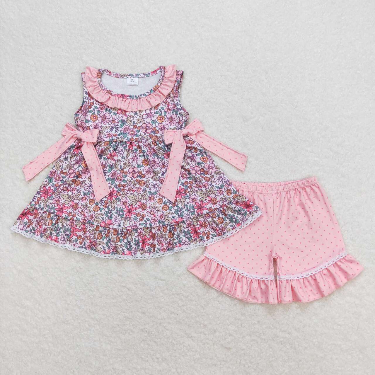 Pink flowers sleeveless short sleeves Girls set