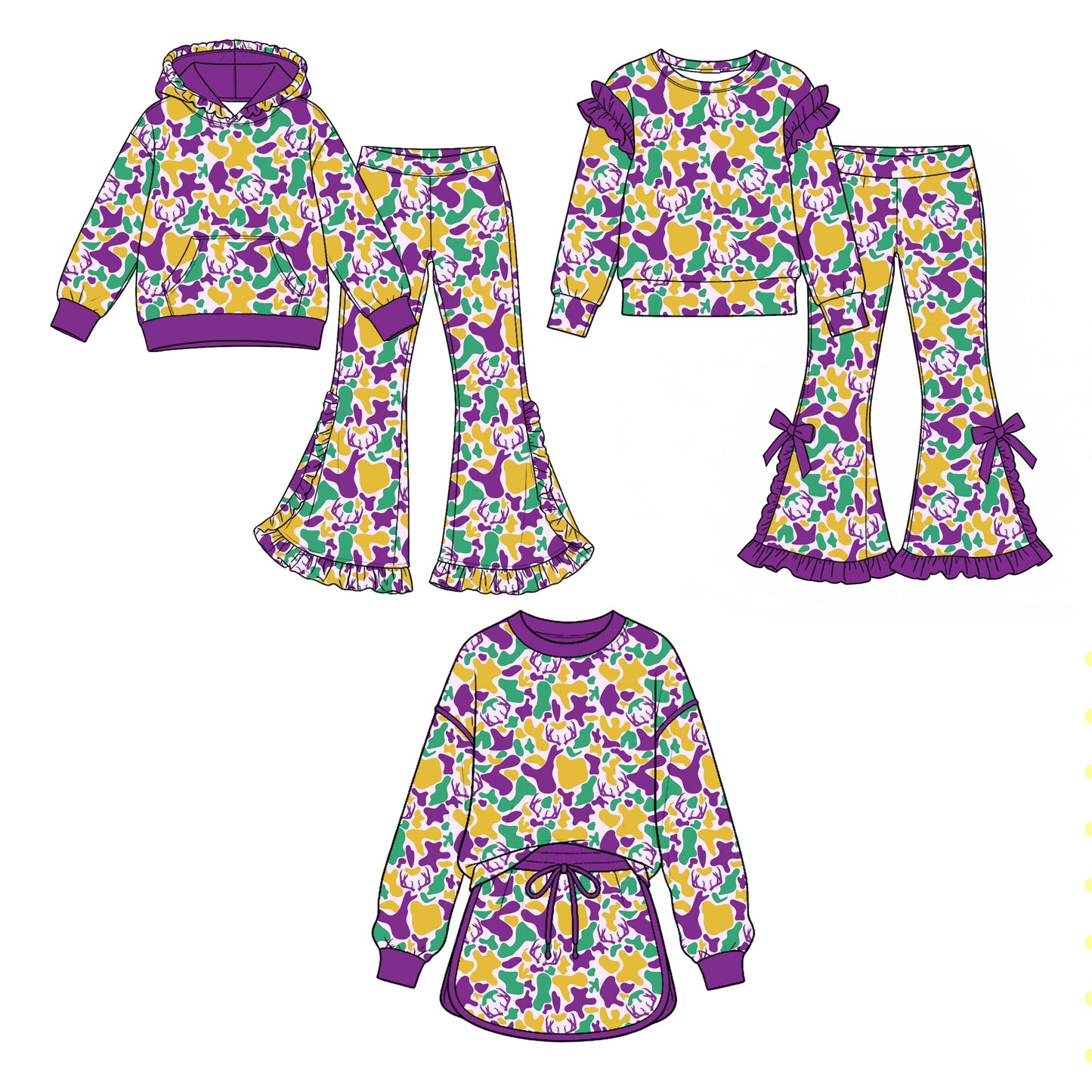 Preorder MOQ 5 pcs Each Style Mardi Gras Camo Ruffles Kids Matching Clothes