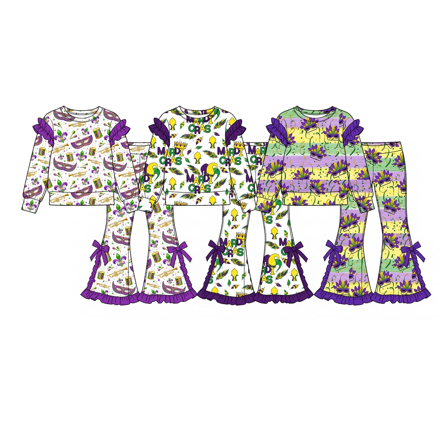 Preorder MOQ 5 pcs Each Style Mardi Gras Purple Ruffles Kids Matching Clothes