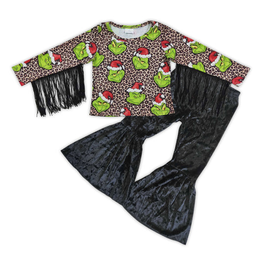 Christmas Green Cartoon Tassel Leopard Top Black Velvet