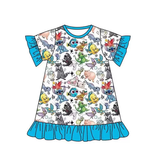 pre-order blue cartoon print Girls Dress（split 5.8)