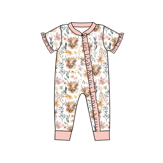 Pre-order pink highlandcow print with zipper Baby Romper moq:3
