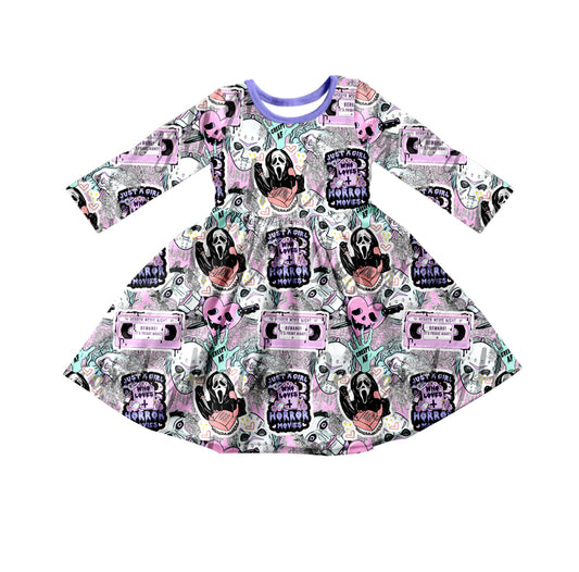 pre-order halloween purple cartoon print Girls Dress（split 5.8)