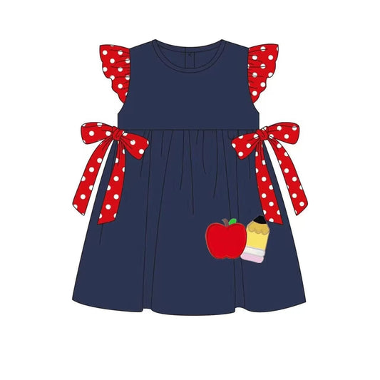 pre-order back to school navy apple print Girls Dress（split 5.14)