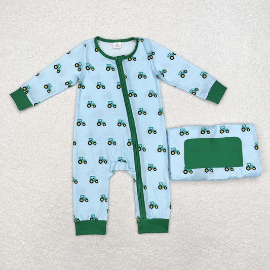 Blue car Baby Romper With zipper( material contains bamboo ）