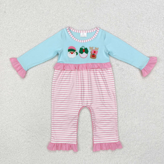 Christmas Blue Embroidery Santa Baby Girls Romper