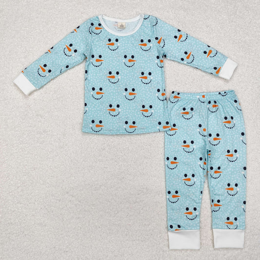 Christmas Blue Snowman Print Long Sleeve Pajamas ( material contains bamboo ）