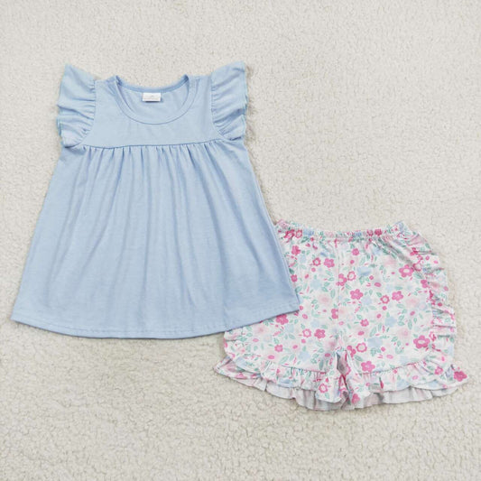 Bule flowers Print flutter Summer Girls Set