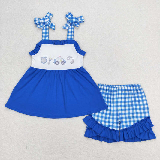 blue Plaid Police cars short sleeves Girls set