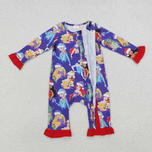 Christmas Blue Cartoon Print Baby Romper With zipper