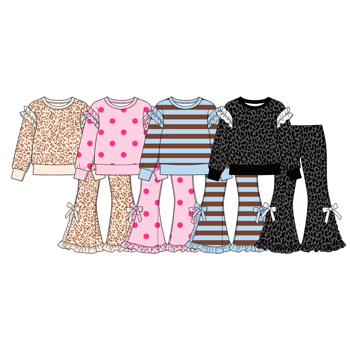 Preorder MOQ 5 pcs Each Style Leopard Dots Stripe Ruffles Girls Set Kids Matching Clothes